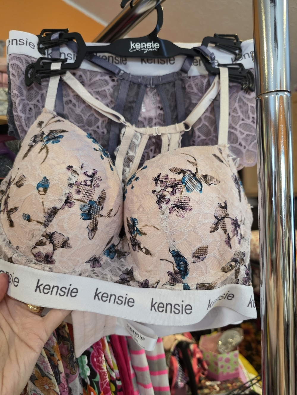 Kensie Blush Floral Lace Push-Up Bra Set with Blue & Purple Accents